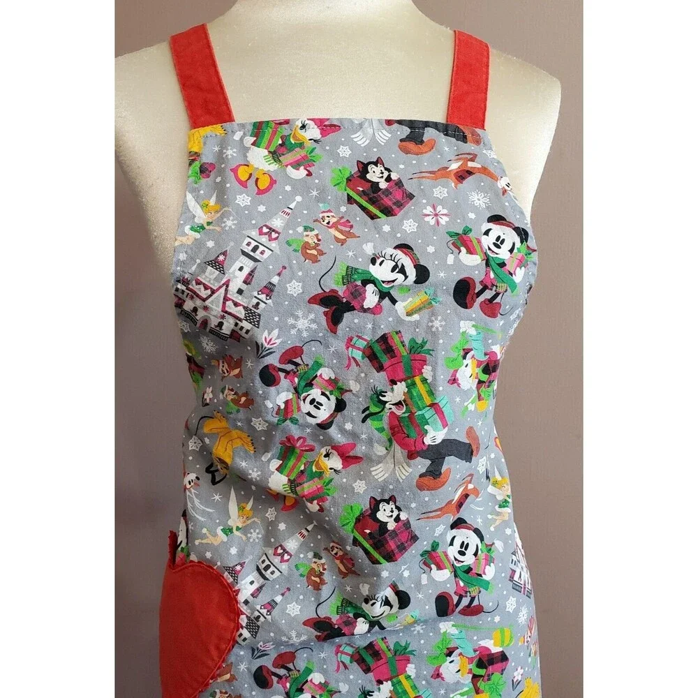 Disney Parks Christmas Apron Red Gray Ruffle Heart Pocket Cross Back Straps Full